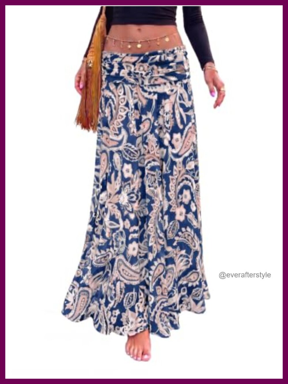 Boho Paisley Floral Mesh Maxi Skirt High Waist Elastic Flowy Vacation